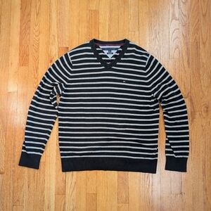 Tommy Hilfiger Pima Cotton Gray Black Striped V Neck Sweater